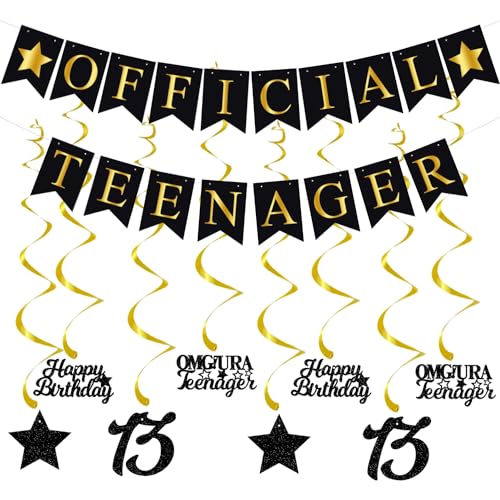 Elicola Offizielle Wimpelkette zum 13. Geburtstag, Wimpelkette für Teenager, mit 8 Stück, schwarz-goldene hängende Wirbel, Happy 13th Birthday, für Mädchen, Party-Dekorationen von Elicola