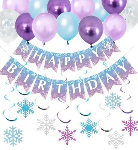 Elicola Schneeflocken-Geburtstagsdekoration, Happy Birthday-Banner, Luftballons, Banner, Partyzubehör, Dekorationen, blau, lila, weiß, Schneeflocken, Wirbel, zum Aufhängen, Geburtstag für Mädchen Elicola Schneeflocken-Geburtstagsdekoration, Happy Birthday-Banner, Luftballons, Banner, Partyzubehör, Dekorationen, blau, lila, weiß, Schneeflocken, Wirbel, zum Aufhängen, Geburtstag für Mädchen von Elicola