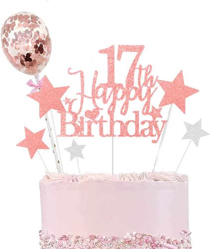 Elicola Tortenaufsätze zum 17. Geburtstag, 17. Geburtstag, Roségold, Glitzer, mit Sternaufsatz und Konfetti-Luftballons für den 17. Geburtstag, Party-Dekoration von Elicola