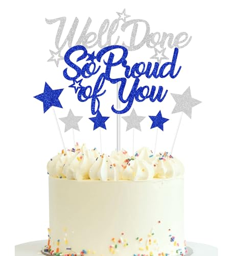 Elicola Tortenaufsatz mit Aufschrift "So Proud of You Well Done", glitzernde Dekoration, Ruhestand, Glückwunsch, Abschlussfeier, Party-Dekorationen, Blau und Silber Elicola Tortenaufsatz mit Aufschrift "So Proud of You Well Done", glitzernde Dekoration, Ruhestand, Glückwunsch, Abschlussfeier, Party-Dekorationen, Blau und Silber von Elicola