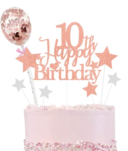Elicola Tortenaufsatz zum 10. Geburtstag, glitzernd, Roségold mit Sternaufsatz, Konfetti-Luftballons, für Jungen und Mädchen, Partyzubehör zum 10. Geburtstag, Party-Dekorationen von Elicola
