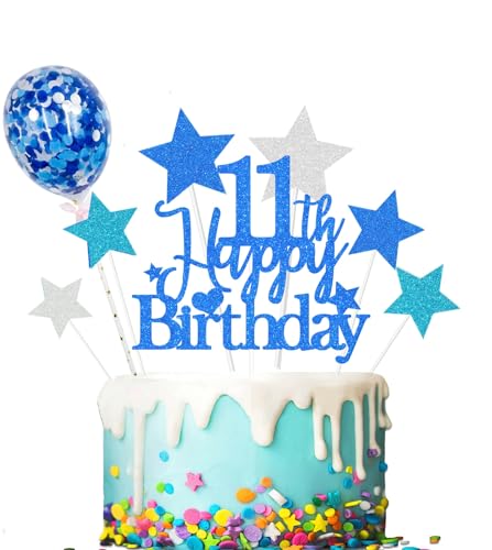 Elicola Tortenaufsatz zum 11. Geburtstag, Blau "Happy 11th Birthday", glitzernd, mit Sternaufsatz, Konfetti-Luftballons, für 11-jährige Männer, Jungen, Geburtstagsparty-Dekorations-Zubehör von Elicola