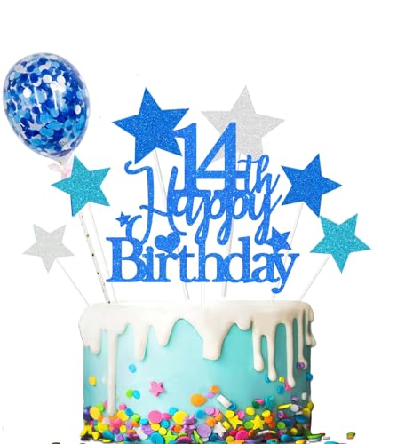 Elicola Tortenaufsatz zum 14. Geburtstag, Blau "Happy 14th Birthday", glitzernder Tortenaufsatz mit Stern und Konfetti-Luftballons, für 14 Jahre alte Männer, Jungen, Geburtstagsparty, Dekoration, von Elicola