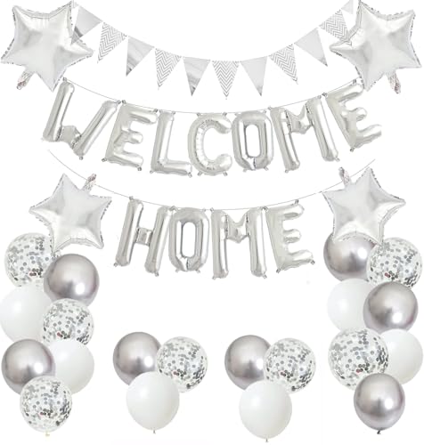 Elicola Welcome Home Banner, Letter Balloon Banner Bunting Triangular Bunting Happy New Home with Heart and Star Sequin Balloons for Home Family Party Decorations Silver von Elicola