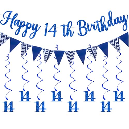 Elicola Wimpelkette zum 14. Geburtstag, blau, mit hängenden Wirbeln für Jungen, Geburtstag, Jahrestag, Party-Dekoration, Zubehör von Elicola