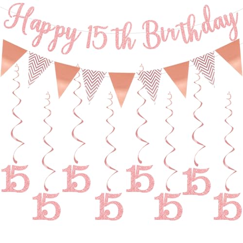 Elicola Wimpelkette zum 15. Geburtstag, Rotgold, "Happy 15th Birthday", Banner mit 8 hängenden Wirbeln, Luftschlangen für Mädchen, Geburtstag, Jahrestag, Party-Dekoration von Elicola