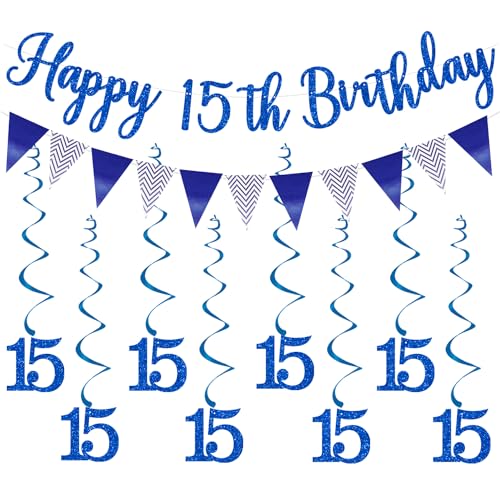 Elicola Wimpelkette zum 15. Geburtstag, blau, mit 8 hängenden Wirbeln, Luftschlangen für Jungen, Geburtstag, Jahrestag, Party, Dekorzubehör von Elicola