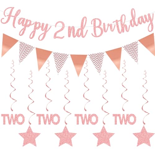 Elicola Wimpelkette zum 2. Geburtstag, Rotgold, "Happy 2nd Birthday", Banner mit 8 hängenden Wirbeln, Luftschlangen für Mädchen, Geburtstag, Jahrestag, Party, Dekorzubehör von Elicola