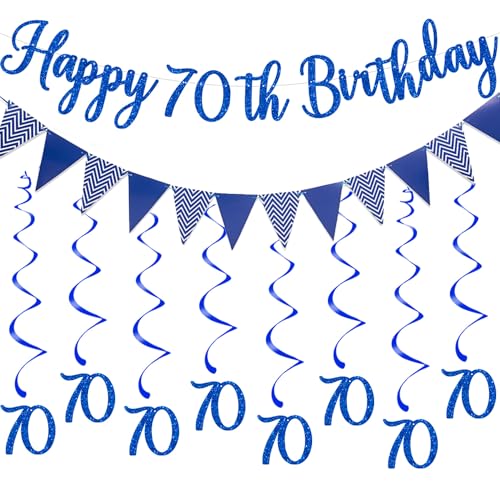 Elicola Wimpelkette zum 70. Geburtstag, Blau, Dekorationen "Happy 70th Birthday", Banner mit 8 hängenden Wirbeln und Luftschlangen für Damen, Geburtstag, Jahrestag, Party-Dekoration, Zubehör von Elicola
