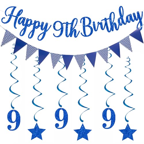 Elicola Wimpelkette zum 9. Geburtstag, blau, mit 8 hängenden Wirbeln für Jungen, Geburtstag, Jahrestag, Party, Dekoration, Zubehör, Blau von Elicola