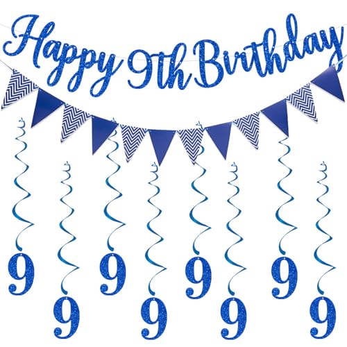 Elicola Wimpelkette zum 9. Geburtstag, blau, mit 8 hängenden Wirbeln für Jungen, Geburtstag, Jahrestag, Party, Dekoration, Zubehör, Blau von Elicola