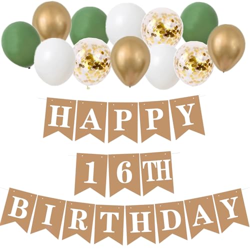Happy 16th Birthday Banner Geburtstag Wimpelkette mit Luftballons Salbeigrün Gold für Geburtstagsfeier Dekorationen von Elicola