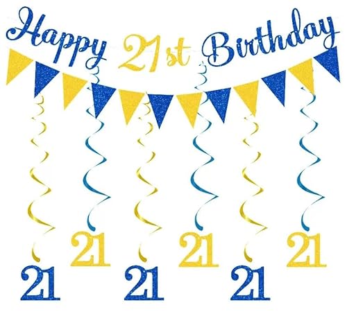 Wimpelkette zum 21. Geburtstag, Blau / Gold, Dekorationen zum 21. Geburtstag, Banner mit hängenden Wirbeln für Jungen, Männer, Erwachsene, Geburtstag, Jahrestag, Party-Dekoration von Elicola