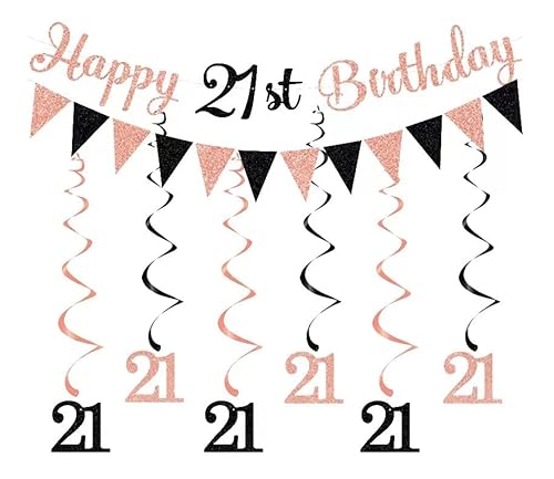 Wimpelkette zum 21. Geburtstag, Rotgold, Schwarz, Dekoration, "Happy 21st Birthday", Banner mit hängenden Wirbeln, Luftschlangen für Jungen, Männer, Erwachsene, Geburtstag, Jahrestag, Party, von Elicola