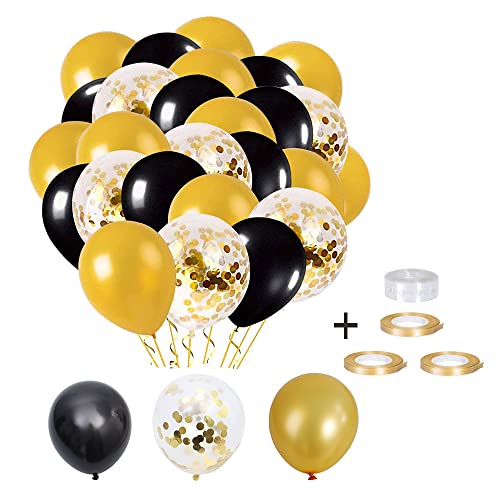 Schwarzer Ballon, schwarze Party, Luftballons, Latex, Schwarz, 60 Stück, goldfarbene Luftballons mit Konfetti-Ballon, für Frauen, Männer, Geburtstag, Dekoration, Abschlussfeier, Halloween, Party von Elion