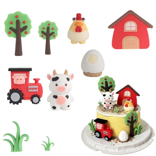 9 Bauernhof Tortendeko Dekoration - Geburtstagsdeko Bauernhof Tiere Schwein Kuh Huhn Cupcake Topper, Kuchen Deko Bauernhof Tierische Tortendeko Bauernhoftiere, Party Kindergeburtstag Farm von EliphonTowne