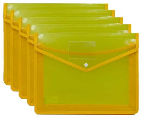 EliteKoopers Dokumententasche aus Kunststoff, für Schule, Uni, Büro, Zuhause, großes Fassungsvermögen, geeignet für A4-Größe, Gelb, 5 Stück von EliteKoopers