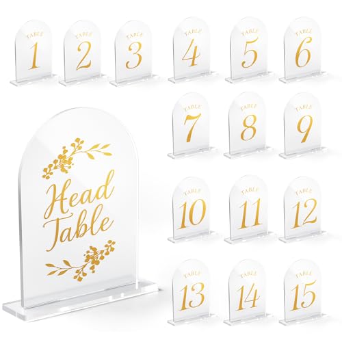 Hochzeitstischnummern 1–15, elegante Acryl-Tischnummernschilder für Empfang, goldene Tischnummernständer für Jahrestag, Veranstaltung und Party-Dekoration Hochzeitstischnummern 1–15, elegante Acryl-Tischnummernschilder für Empfang, goldene Tischnummernständer für Jahrestag, Veranstaltung und Party-Dekoration von EliteSign