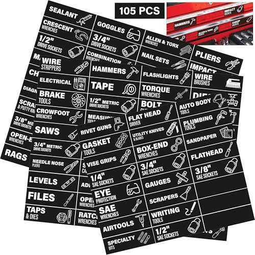 Magnetische Werkzeugkasten-Etiketten, Werkzeugkasten-Organizer mit 4 leeren Etiketten, starker Magnet mit Symbolen für Werkzeugkästen, passend für alle Marken von Stahl-Werkzeugkasten, Schubladen, 7,6 von EliteSign