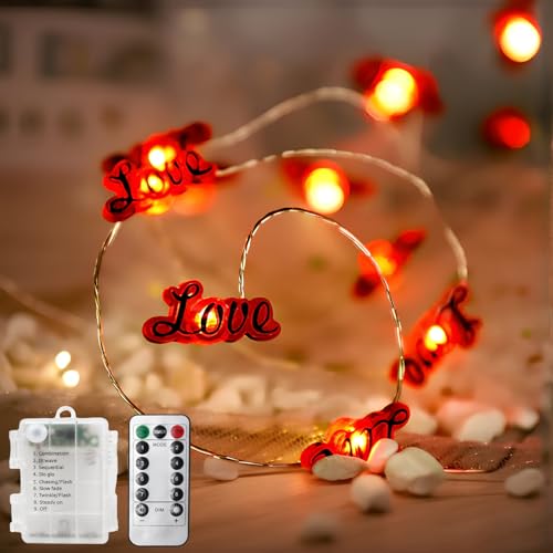 300 cm Rote LED-Lichterkette in Herzform, Herzförmige Lichterkette mit 30 Glühbirnen, Funkelnde Silberdraht Herzen Draht Lichterketten, Red Heart and LOVE LED Light Chain für Außen Innen (B) von Elitecran