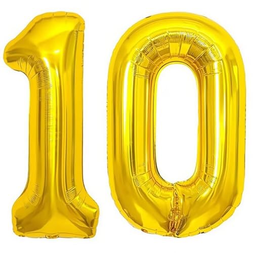 Elizakumi Gold Nummer 10 Luftballon Zahl 10th Ballon Zahl Für Fraue Jungen Männer Mädchen, Geburtstag Helium FolienBallon Zahlenballon 10 Gold / 40 Zoll von Elizakumi