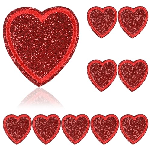 10 Stück Herz-Stick-Aufnäher, rote Herz-Stickstoffe, Kleidungsstück-Herz-Aufnäher, DIY-Deko-Accessoires, geeignet für Kleidung, Hüte, Rucksäcke von Elkuaie