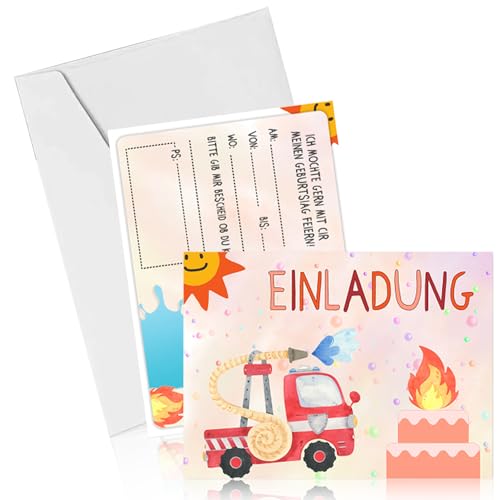 Elkuaie Feuerwehr-Einladungskarte, 12-Kindergeburtstag Einladungskarten und weiße Umschläge, niedlicher Kindergeburtstag Einladungsbrief, Geburtstag Einladungsbrief Feuerwehr von Elkuaie