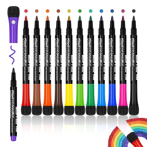 Elkuaie Whiteboard Marker Stift, Schwamm Whiteboard Stift, magnetischer Whiteboard Schwamm mit Stift, 2-in-1 Pulver Notizbuch Stift, 12 Farben, trockenes Wischen, geeignet für zu Hause, Schule, Büro von Elkuaie