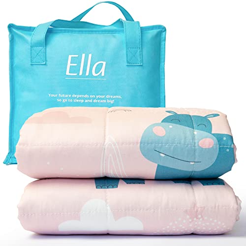 Ella Kinder Gewichtsdecke 2,4 kg 90x120 cm – Therapiedecke, für Stressabbau & Angstzustände, Hypoallergene Glasperlen, weiche & kühlende Baumwoll- Außenschicht, für Kinder von 15-25 kg – Hippo von Ella