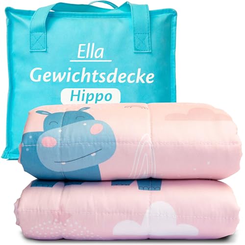 Ella Kinder Gewichtsdecke 3,2 kg 100x150 cm - Therapiedecke, für Stressabbau & Angstzustände, Hypoallergene Glasperlen, weiche & kühlende Baumwoll- Außenschicht, für Kinder von 25-40 kg - Hippo von Ella