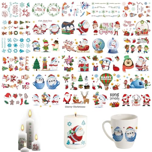 Ellxen 30 Stück Kerzentattoos Weihnachten Deko,Kerzensticker,Kerzentattoos,Bunt Weihnachten Tattoofolie Sticker,Wasserschiebefolie Kerzen,Für DIY Tasse Kerze Weihnachten Geschenk,DIY(A) von Ellxen