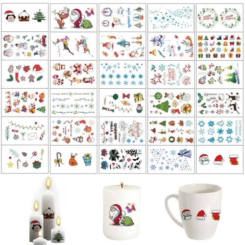 Ellxen 30 Stück Kerzentattoos Weihnachten Deko,Kerzensticker,Kerzentattoos,Bunt Weihnachten Tattoofolie Sticker,Wasserschiebefolie Kerzen,Für DIY Tasse Kerze Weihnachten Geschenk,DIY(B) von Ellxen