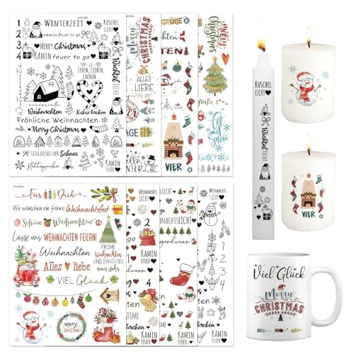 Ellxen 6 Stück Kerzentattoos Weihnachten Deko,Kerzensticker,Kerzentattoos,Bunt Weihnachten Tattoofolie Sticker,Wasserschiebefolie Kerzen,Für DIY Tasse Kerze Weihnachten Geschenk,DIY von Ellxen