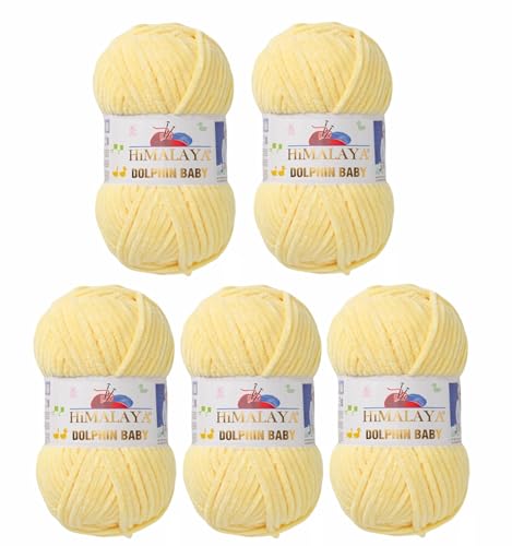 5 x Himalaya Dolphin Baby Wolle Garn Baumwolle Strickwolle zum Stricken häkeln super Bulky Chenille Garn Wolle Strickgarn 100g 120m Polyester Elomnia (5x-A1-80302 Hellgelb) von Elomnia