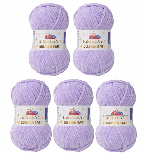 5 x Himalaya Dolphin Baby Wolle Garn Baumwolle Strickwolle zum Stricken häkeln super Bulky Chenille Garn Wolle Strickgarn 100g 120m Polyester Elomnia (5x-A1-80305 Helles Lila) von Elomnia
