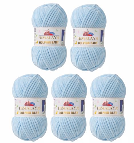 5 x Himalaya Dolphin Baby Wolle Garn Baumwolle Strickwolle zum Stricken häkeln super Bulky Chenille Garn Wolle Strickgarn 100g 120m Polyester Elomnia (5x-A1-80306 Hellblau) von Elomnia