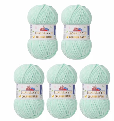 5 x Himalaya Dolphin Baby Wolle Garn Baumwolle Strickwolle zum Stricken häkeln super Bulky Chenille Garn Wolle Strickgarn 100g 120m Polyester Elomnia (5x-A1-80307 Helles Grün) von Elomnia