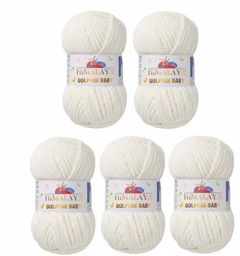 5 x Himalaya Dolphin Baby Wolle Garn Baumwolle Strickwolle zum Stricken häkeln super Bulky Chenille Garn Wolle Strickgarn 100g 120m Polyester Elomnia (5x-A1-80308 Naturweiß) von Elomnia