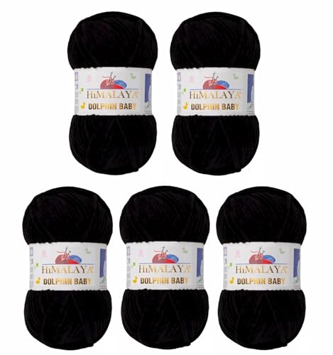5 x Himalaya Dolphin Baby Wolle Garn Baumwolle Strickwolle zum Stricken häkeln super Bulky Chenille Garn Wolle Strickgarn 100g 120m Polyester Elomnia (5x-A1-80311 Schwarz) von Elomnia