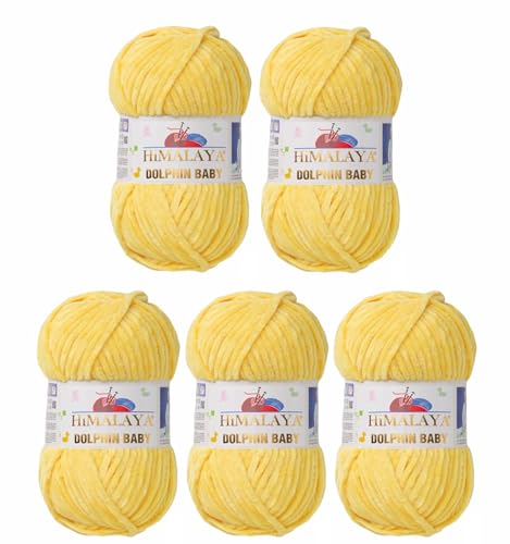 5 x Himalaya Dolphin Baby Wolle Garn Baumwolle Strickwolle zum Stricken häkeln super Bulky Chenille Garn Wolle Strickgarn 100g 120m Polyester Elomnia (5x-A1-80313 Gelb) von Elomnia