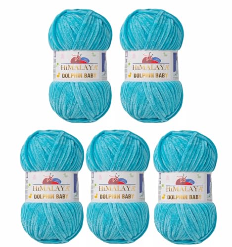 5 x Himalaya Dolphin Baby Wolle Garn Baumwolle Strickwolle zum Stricken häkeln super Bulky Chenille Garn Wolle Strickgarn 100g 120m Polyester Elomnia (5x-A1-80315 Türkis) von Elomnia