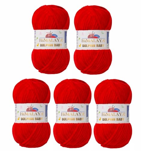 5 x Himalaya Dolphin Baby Wolle Garn Baumwolle Strickwolle zum Stricken häkeln super Bulky Chenille Garn Wolle Strickgarn 100g 120m Polyester Elomnia (5x-A1-80318 Rot) von Elomnia