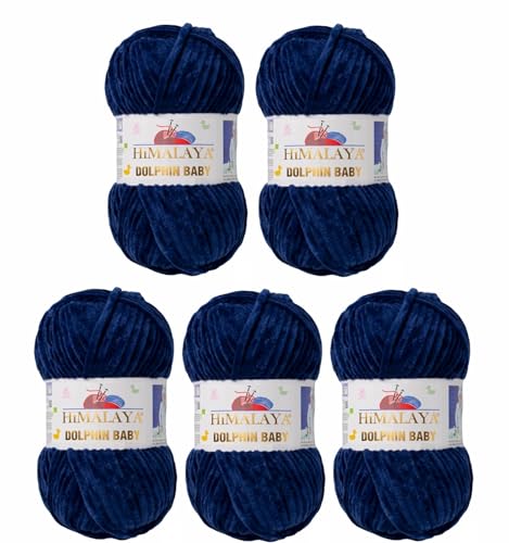 5 x Himalaya Dolphin Baby Wolle Garn Baumwolle Strickwolle zum Stricken häkeln super Bulky Chenille Garn Wolle Strickgarn 100g 120m Polyester Elomnia (5x-A1-80321 Dunkelblau) von Elomnia