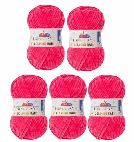 5 x Himalaya Dolphin Baby Wolle Garn Baumwolle Strickwolle zum Stricken häkeln super Bulky Chenille Garn Wolle Strickgarn 100g 120m Polyester Elomnia (5x-A1-80324 Pinkrot) von Elomnia