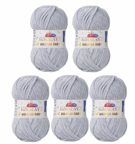 5 x Himalaya Dolphin Baby Wolle Garn Baumwolle Strickwolle zum Stricken häkeln super Bulky Chenille Garn Wolle Strickgarn 100g 120m Polyester Elomnia (5x-A1-80325 Hellgrau) von Elomnia