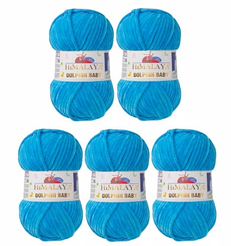 5 x Himalaya Dolphin Baby Wolle Garn Baumwolle Strickwolle zum Stricken häkeln super Bulky Chenille Garn Wolle Strickgarn 100g 120m Polyester Elomnia (5x-A1-80326 Blau) von Elomnia