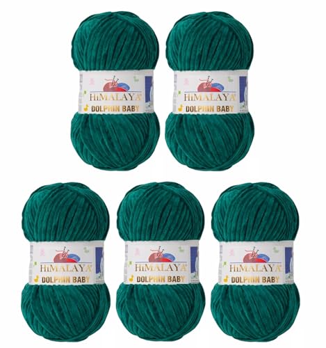 5 x Himalaya Dolphin Baby Wolle Garn Baumwolle Strickwolle zum Stricken häkeln super Bulky Chenille Garn Wolle Strickgarn 100g 120m Polyester Elomnia (5x-A1-80331 Smaragd Grün) von Elomnia