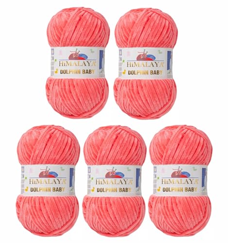 5 x Himalaya Dolphin Baby Wolle Garn Baumwolle Strickwolle zum Stricken häkeln super Bulky Chenille Garn Wolle Strickgarn 100g 120m Polyester Elomnia (5x-A1-80332 Dunkellachs) von Elomnia