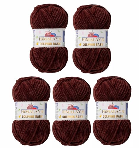 5 x Himalaya Dolphin Baby Wolle Garn Baumwolle Strickwolle zum Stricken häkeln super Bulky Chenille Garn Wolle Strickgarn 100g 120m Polyester Elomnia (5x-A1-80336 Dunkelbraun) von Elomnia