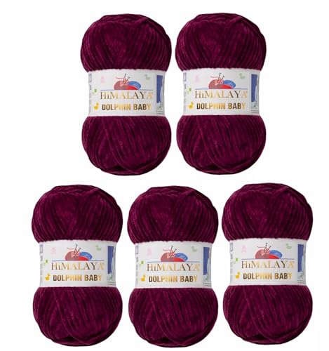 5 x Himalaya Dolphin Baby Wolle Garn Baumwolle Strickwolle zum Stricken häkeln super Bulky Chenille Garn Wolle Strickgarn 100g 120m Polyester Elomnia (5x-A1-80339 Beere Dunkel) von Elomnia